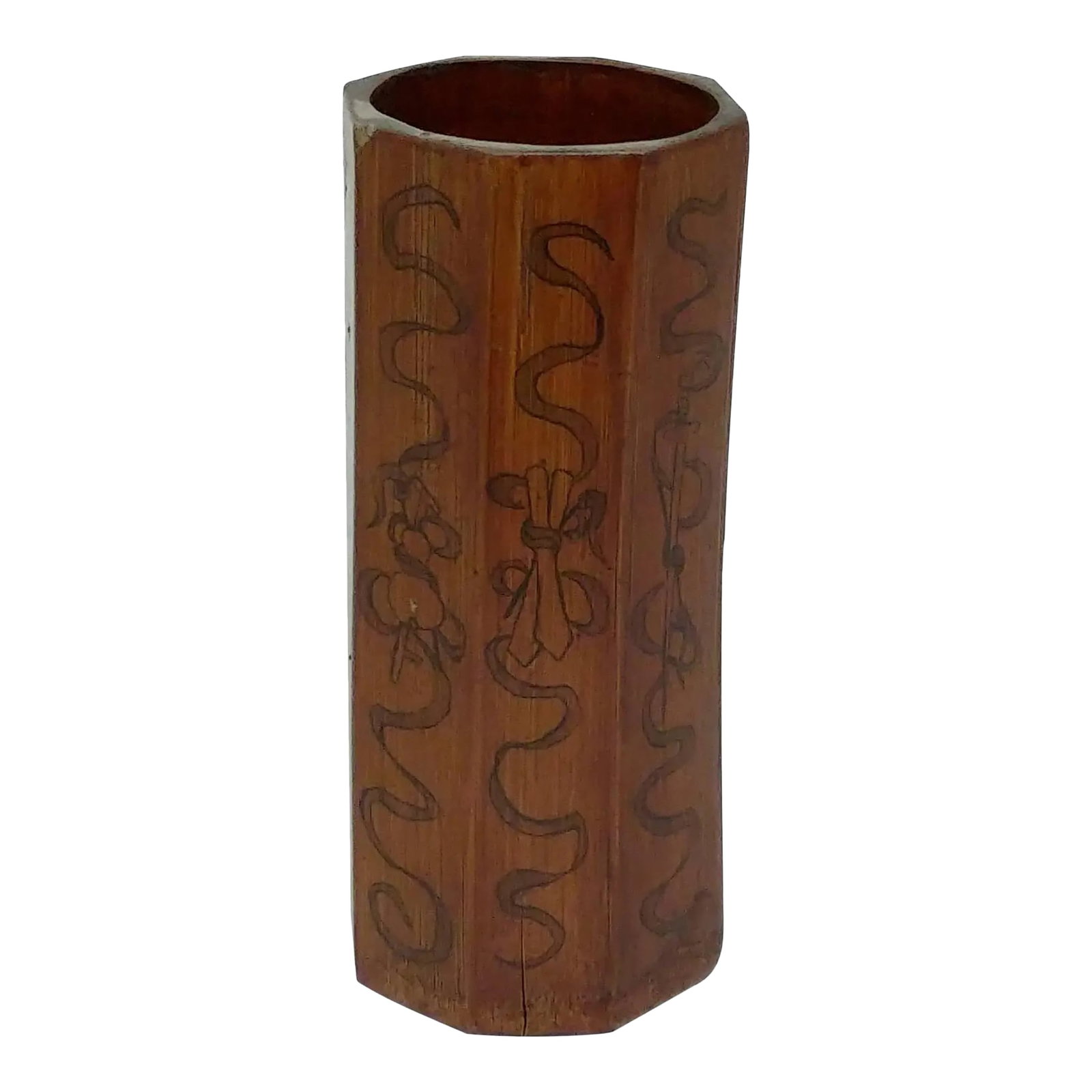Bamboo Octagon Shaped Chinese Scholar Brush Holder: Lovely Chinese Antique Brush Holder made from Bamboo. 8 sided with the very lucky 8 treasures painted on each side. Part of a vast collection of Chinese art I have been listing. Please ask for more