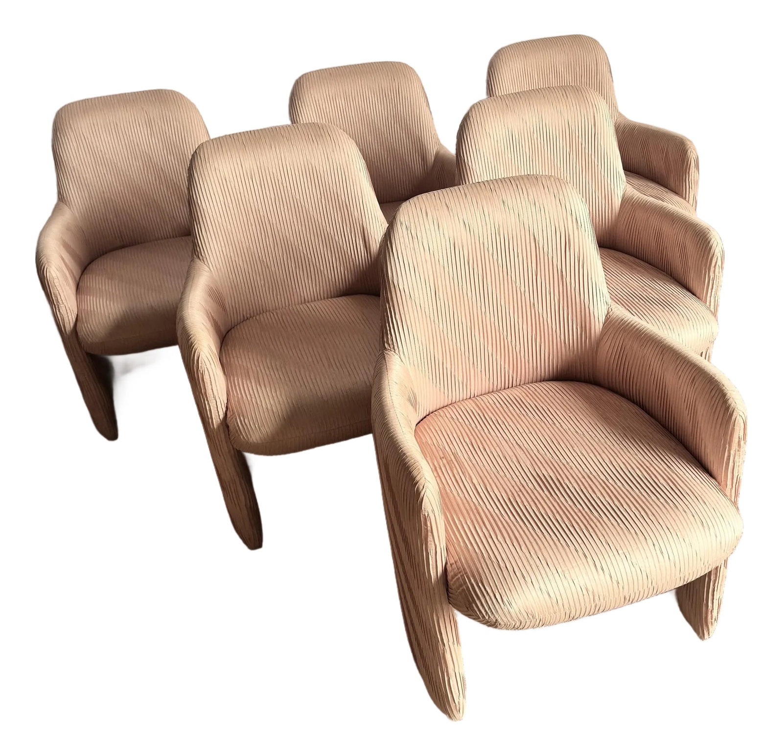 Postmodern Pleated Pink Fabric Arm Chairs by Preview Furniture - Set of 6: This striking set of six postmodern arm chairs by Preview Furniture captures the sculptural elegance of late-20th-century design. Upholstered in a softly pleated blush-pink fabric, each chair