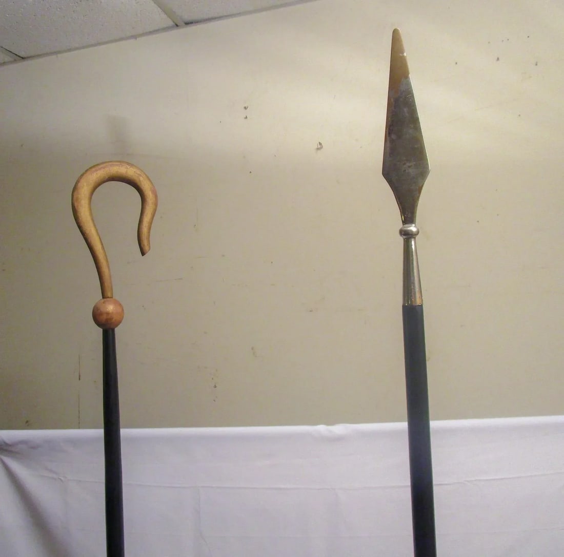 19th C Wooden Ceremonial Fraternal Masonic Crook and Spear on Metal Bases - 6