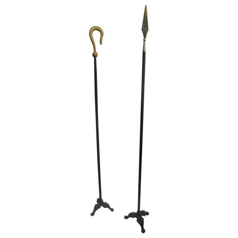 19th C Wooden Ceremonial Fraternal Masonic Crook and Spear on Metal Bases - 9