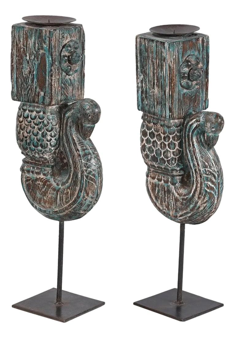 Antique Peacock Carved Corbel Repurposed 22 In. Tall Set of 2 Candle Holders - Pair: Dimensions: 5" W X 5" D X 22" H Condition: Alterations: Original Design Modified Imperfections: Some Imperfections Condition Notes: Good Origin: India Creator: Brand: Far Pavilions Materials &