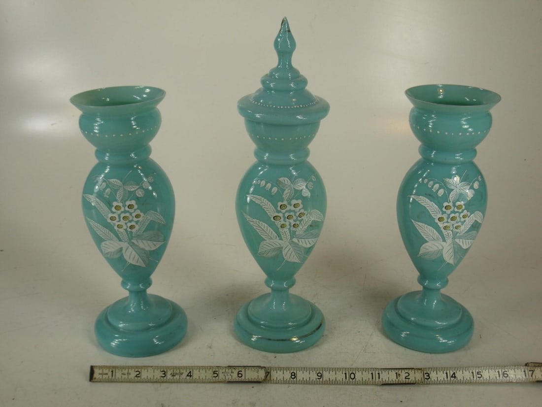 Mid 19th Century Vases Victorian Mantel 3-Pc. Set Bristol Glass Blue Opalescent Hand-Painted Floral - 10