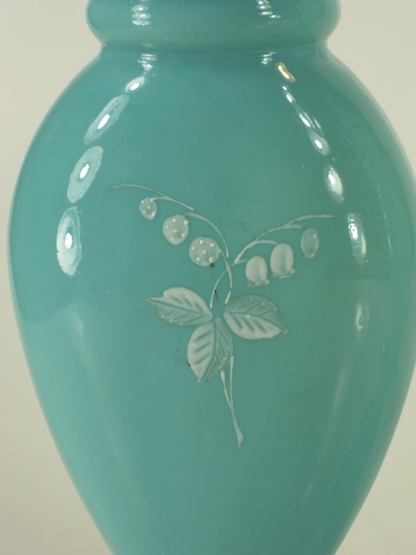 Mid 19th Century Vases Victorian Mantel 3-Pc. Set Bristol Glass Blue Opalescent Hand-Painted Floral - 12