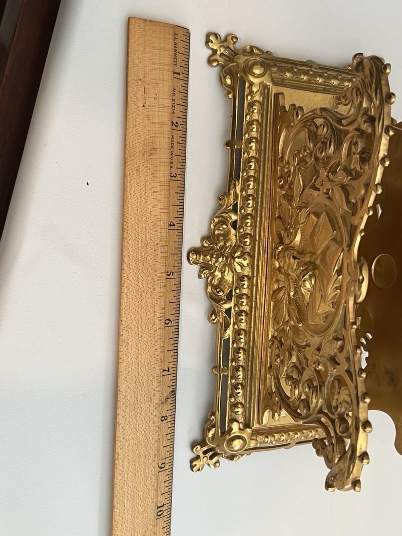 Antique Gilt Bronze Letter Holder Desk Accessory Child Boy Holding Envelops - 10