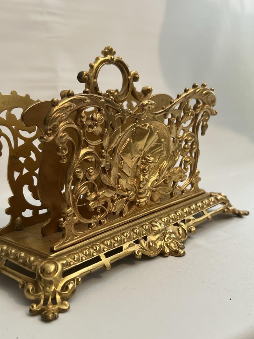 Antique Gilt Bronze Letter Holder Desk Accessory Child Boy Holding Envelops - 13