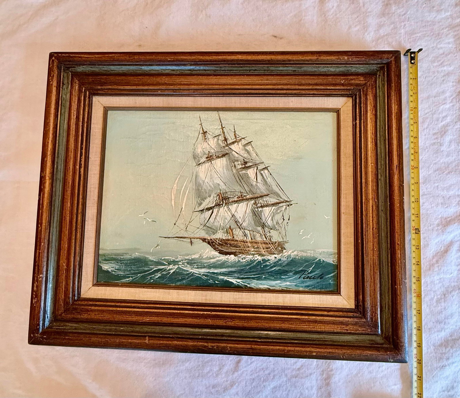 Mid 20th Century Framed Oil on Canvas Painting "Clipper Ship at Sea" Artist Signed Paolo - 10
