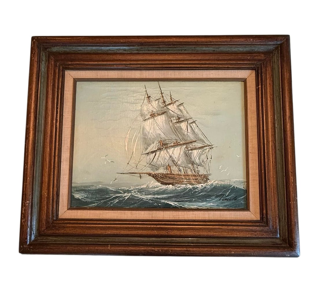 Mid 20th Century Framed Oil on Canvas Painting "Clipper Ship at Sea" Artist Signed Paolo - 12