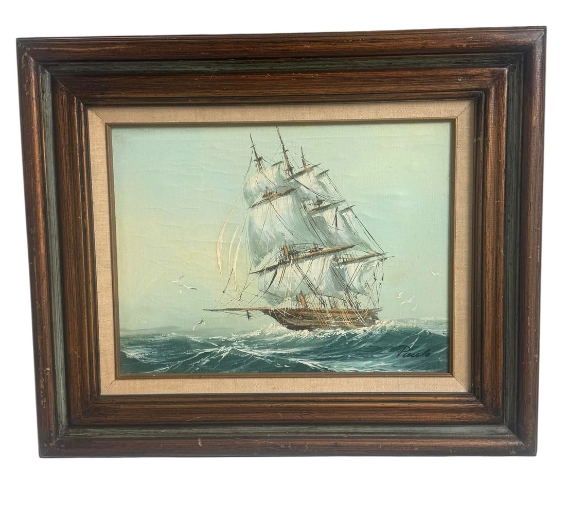Mid 20th Century Framed Oil on Canvas Painting "Clipper Ship at Sea" Artist Signed Paolo - 2