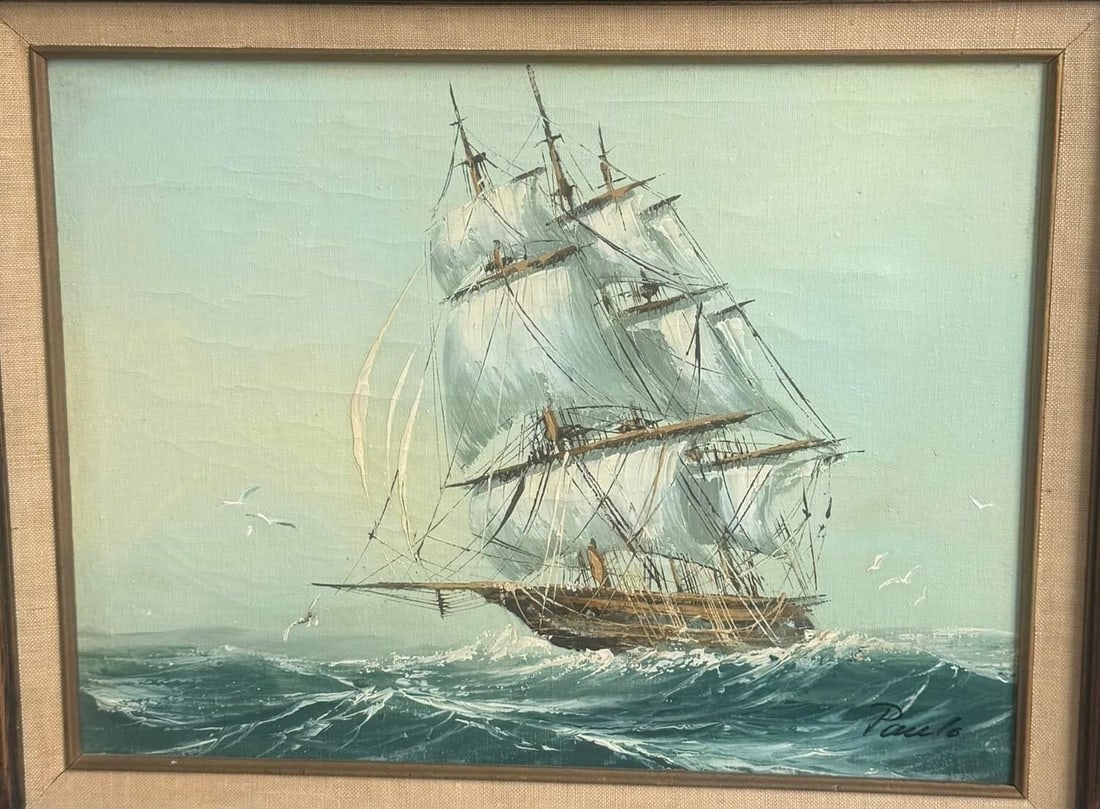 Mid 20th Century Framed Oil on Canvas Painting "Clipper Ship at Sea" Artist Signed Paolo - 3