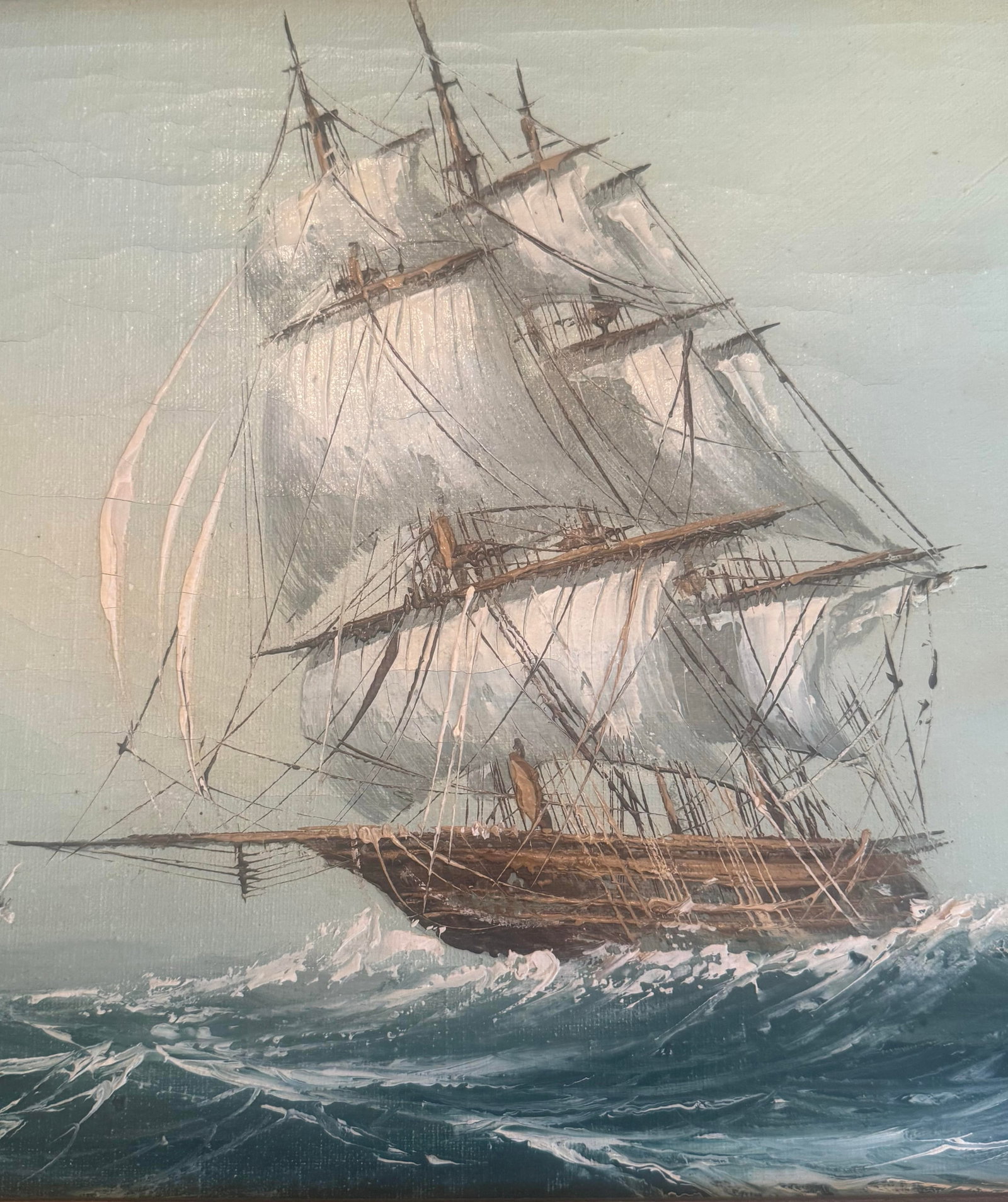 Mid 20th Century Framed Oil on Canvas Painting "Clipper Ship at Sea" Artist Signed Paolo - 4