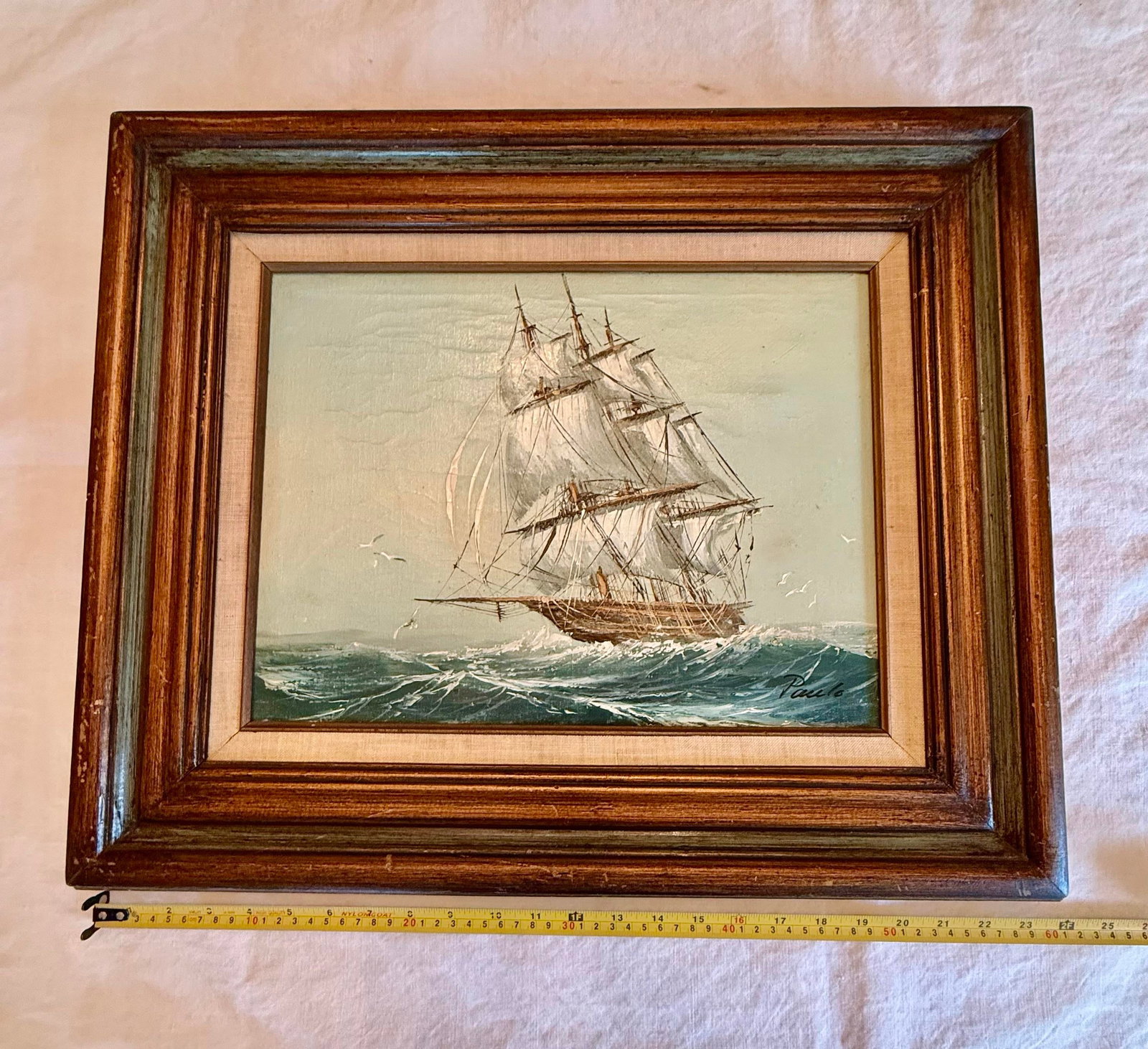 Mid 20th Century Framed Oil on Canvas Painting "Clipper Ship at Sea" Artist Signed Paolo - 9