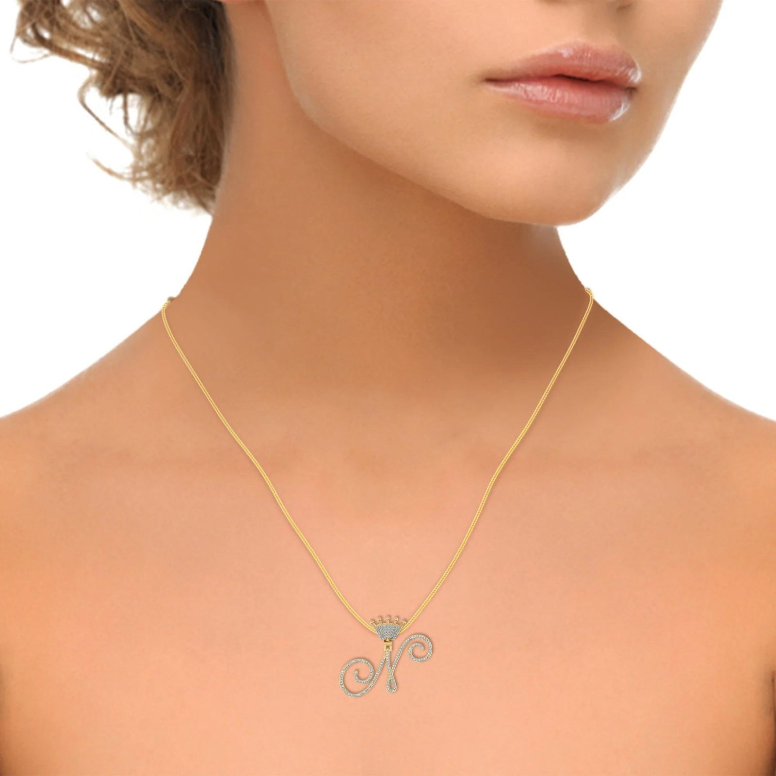 10K Yellow Gold Round Diamond Crown N Letter Initial Pendant 1/4 Cttw - 3