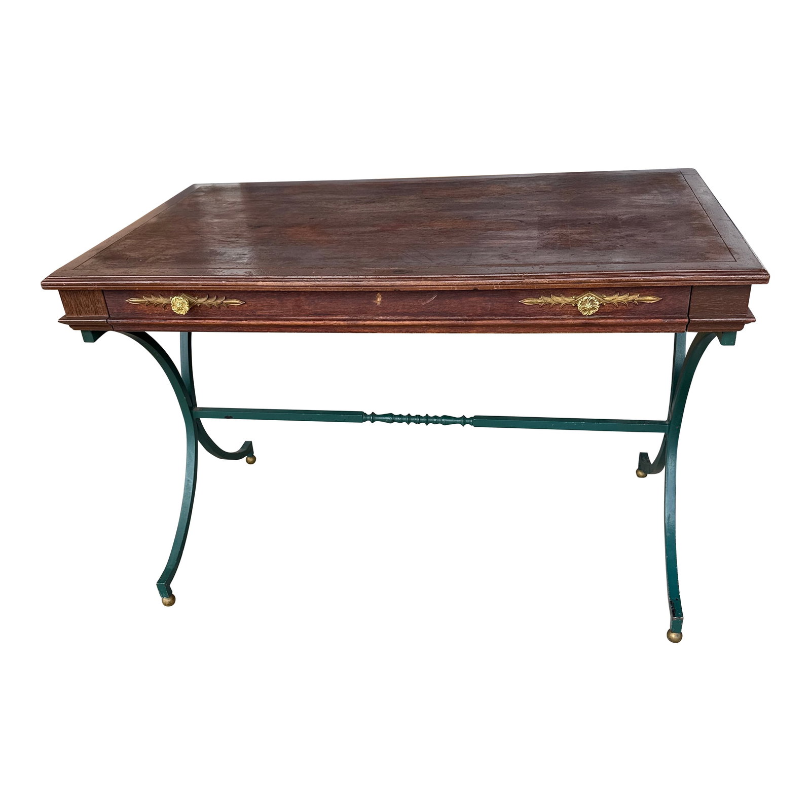 19th Century French Wood and Brass Sculptural Desk: Fantastic early 19th Century French Writing Desk. This sculptural desk is extremely well made comprised of a solid wood top with green iron sculptural legs and brass pulls / ball feet. Excellent