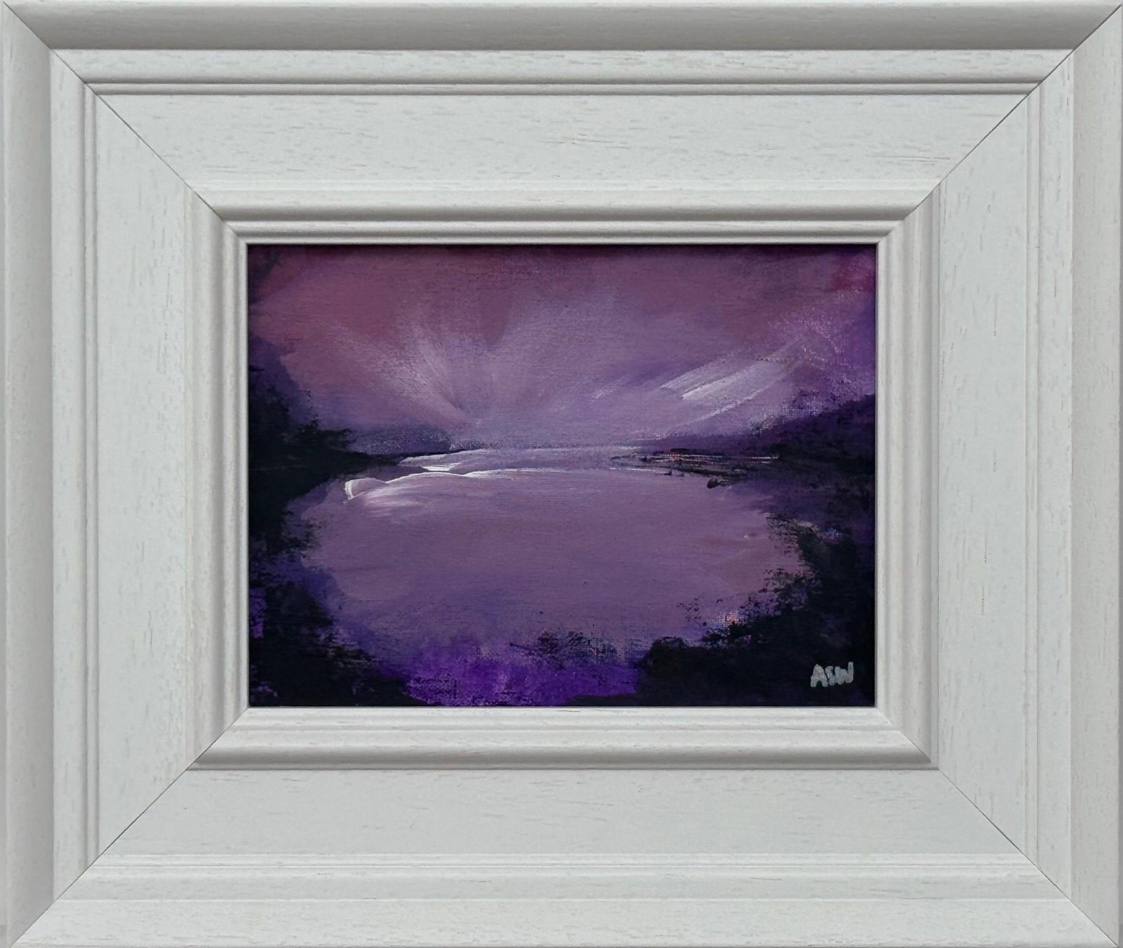 Violet Reflections at Dusk - Miniature Art by Contemporary British Artist 2025: Violet Reflections at Dusk - Miniature Art by Contemporary British Artist, Angela Wakefield Art measures 9 x 7 inches Frame measures 14 x 11.5 inches Title: Violet Reflections at Dusk Artist: Angela