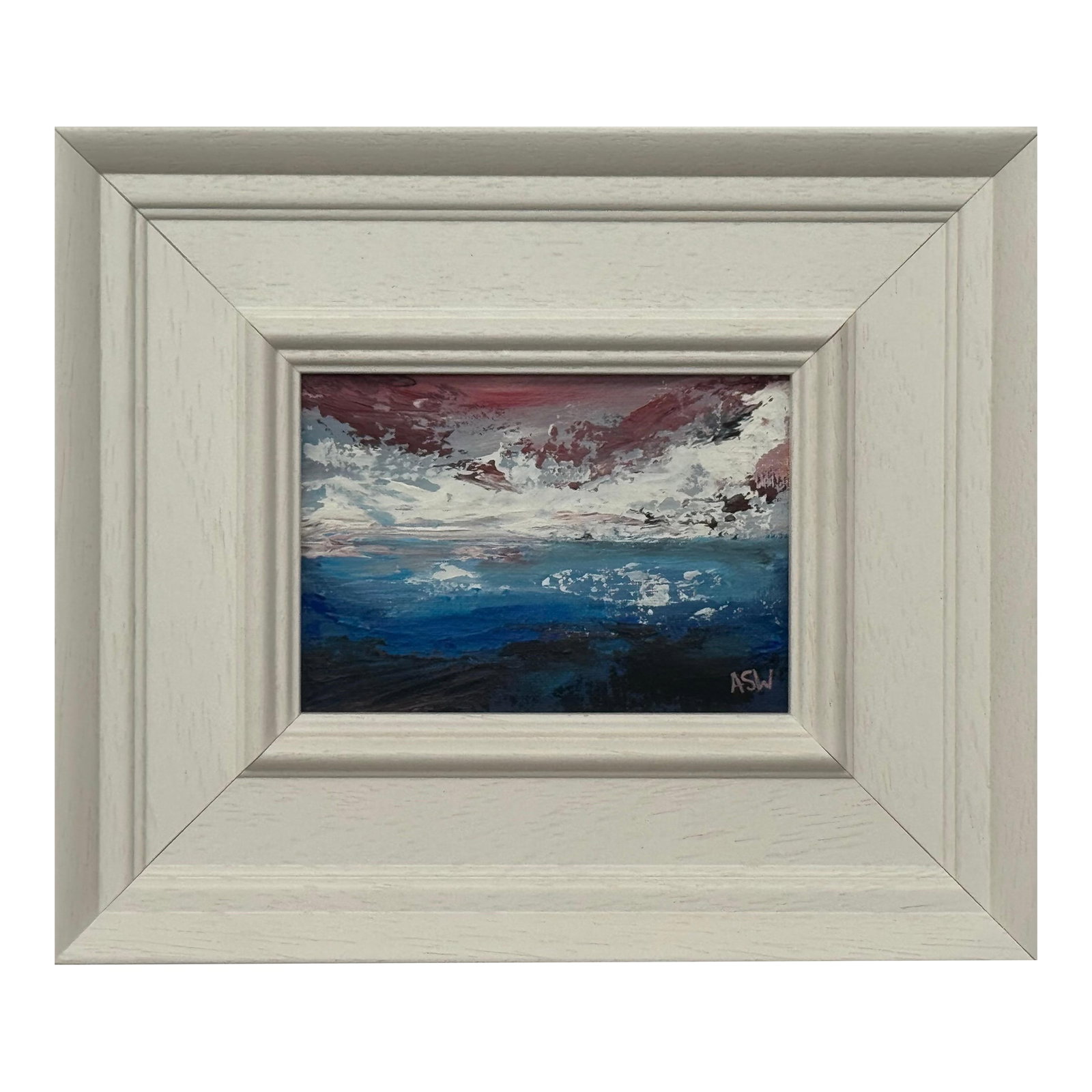Crimson Horizon - Miniature Abstract Landscape Seascape by Contemporary Artist 2025: Crimson Horizon - Miniature Abstract Landscape Seascape Art Study by Contemporary Artist, Angela Wakefield Art measures 7 x 5 inches Frame measures 13 x 11 inches Title: Crimson Horizon Artist: Angela