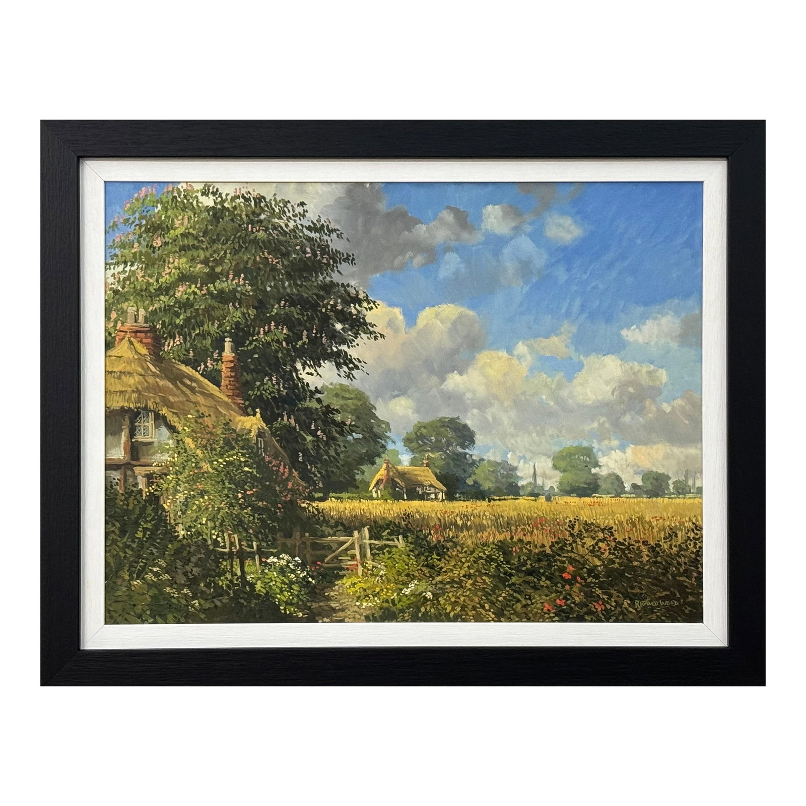 John Miller Thatched Cottages with Wild Flowers & Village Church in the English Countryside 1985 Cir: Thatched Cottages with Wild Flowers & Village Church in the English Countryside by British Artist Art measures 24 x 18 inches Frame measures 29 x 23 inches This exquisite original painting by Richard 