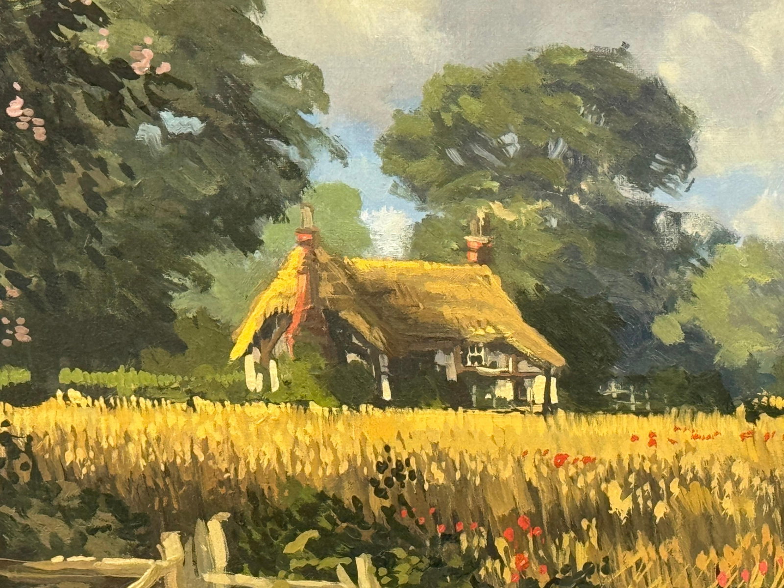 John Miller Thatched Cottages with Wild Flowers & Village Church in the English Countryside 1985 Cir - 7