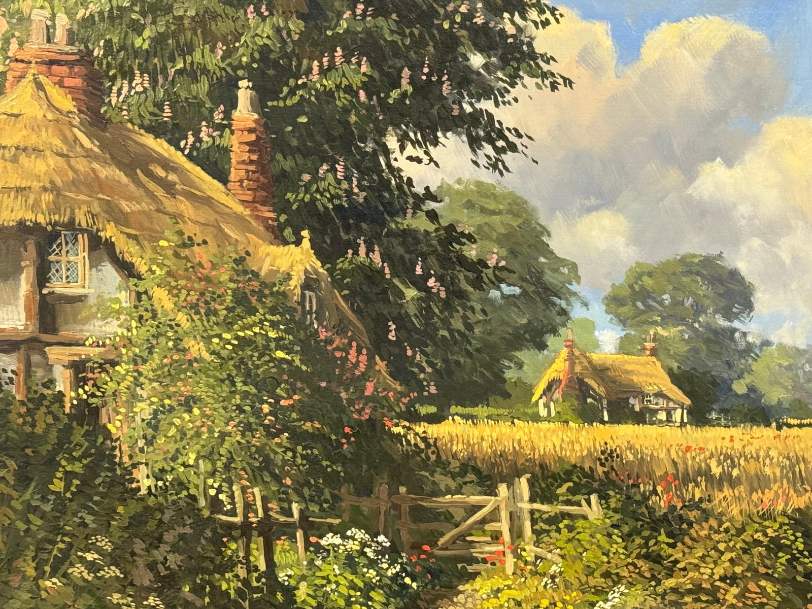 John Miller Thatched Cottages with Wild Flowers & Village Church in the English Countryside 1985 Cir - 8