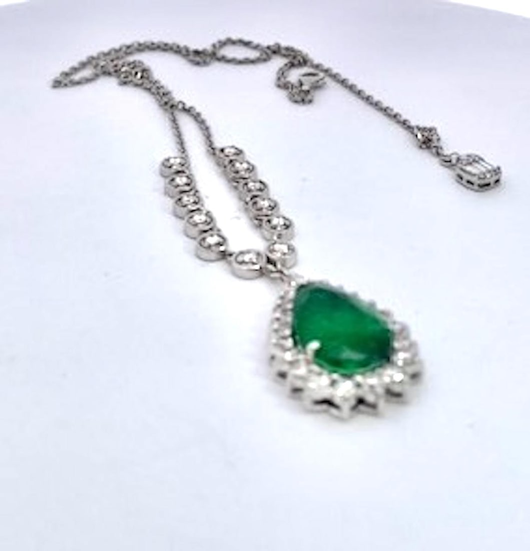 Pear-Shaped Cabochon Emerald & Diamond Halo Pendant Necklace in White Gold - 2