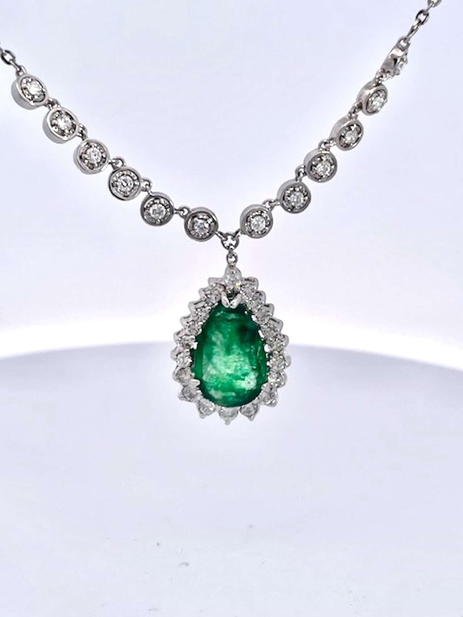 Pear-Shaped Cabochon Emerald & Diamond Halo Pendant Necklace in White Gold - 4