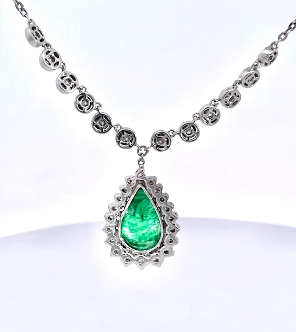 Pear-Shaped Cabochon Emerald & Diamond Halo Pendant Necklace in White Gold - 5