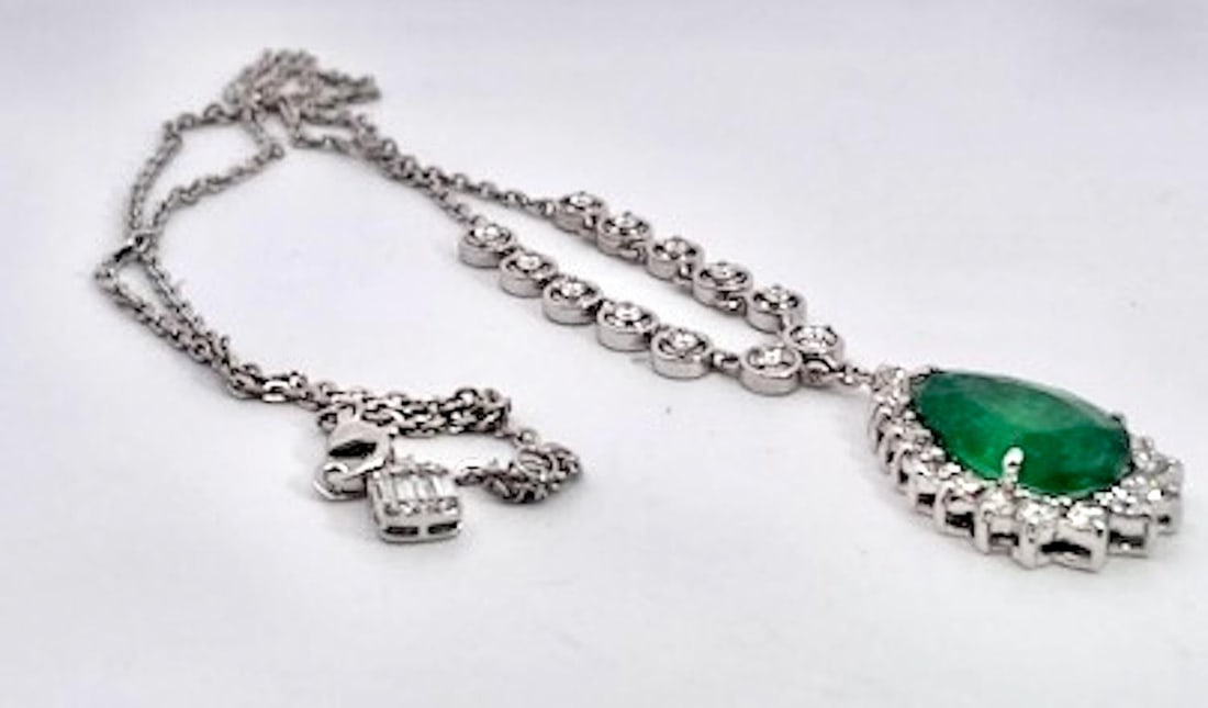 Pear-Shaped Cabochon Emerald & Diamond Halo Pendant Necklace in White Gold - 6