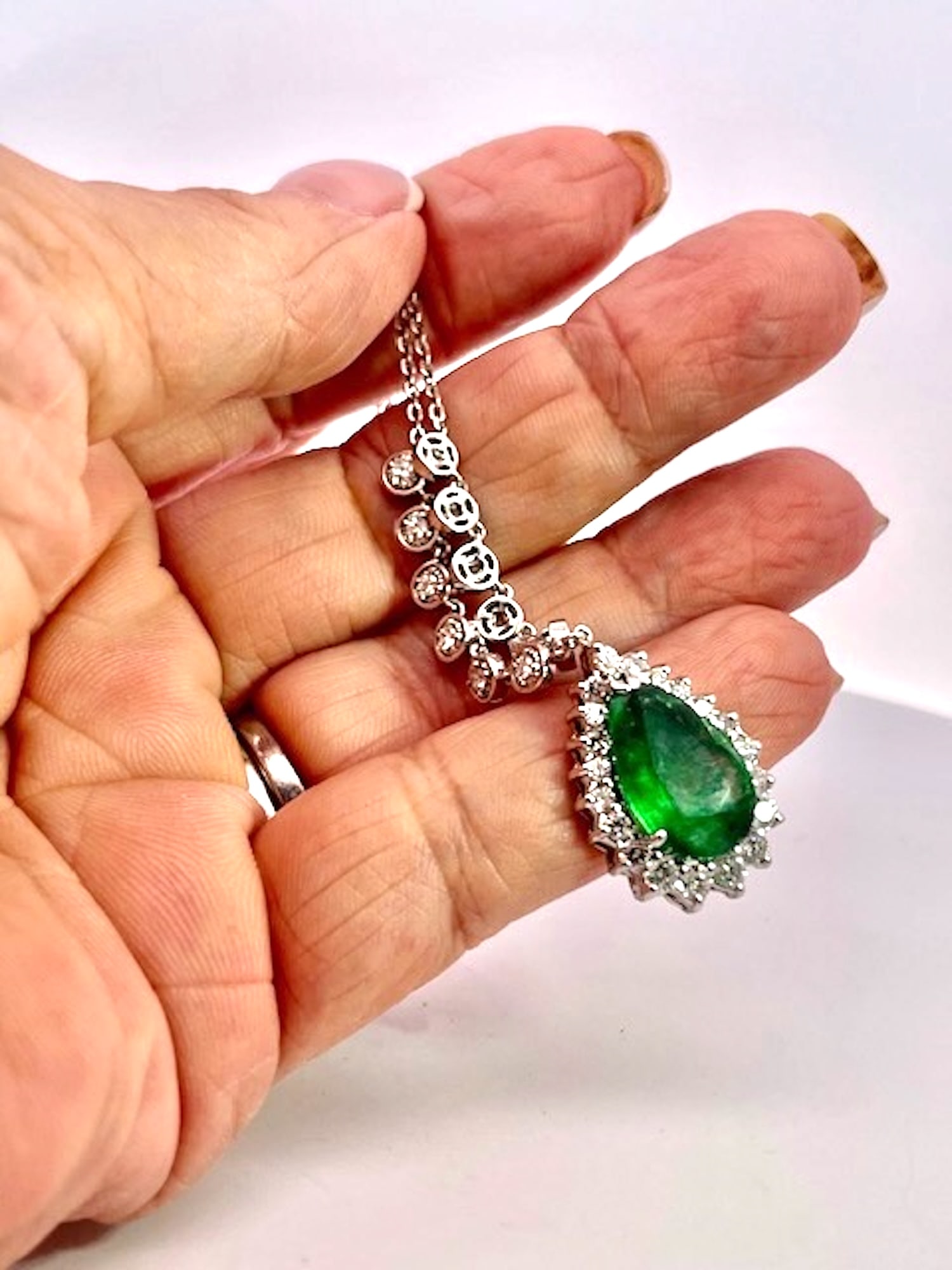 Pear-Shaped Cabochon Emerald & Diamond Halo Pendant Necklace in White Gold - 7