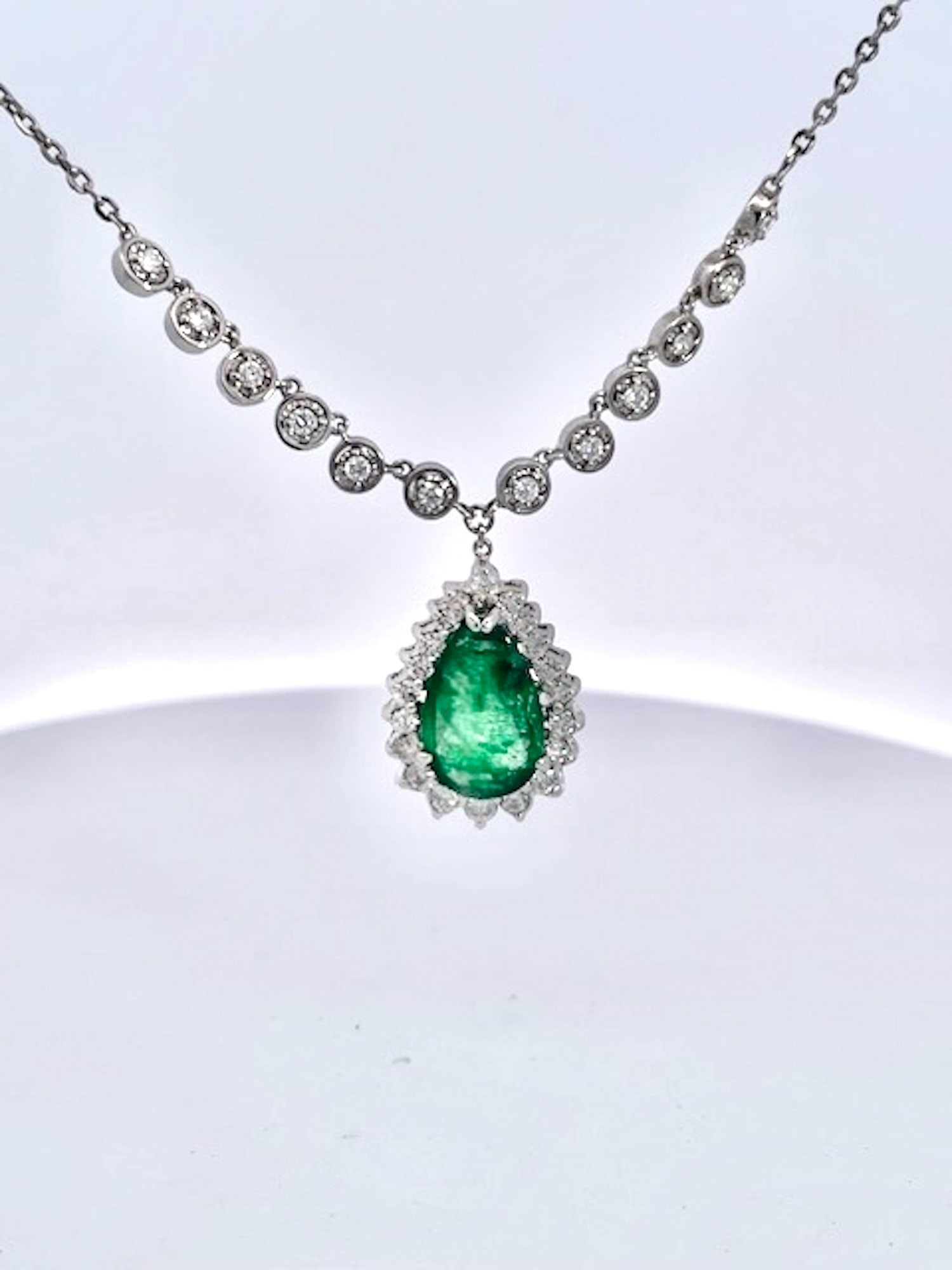 Pear-Shaped Cabochon Emerald & Diamond Halo Pendant Necklace in White Gold - 8