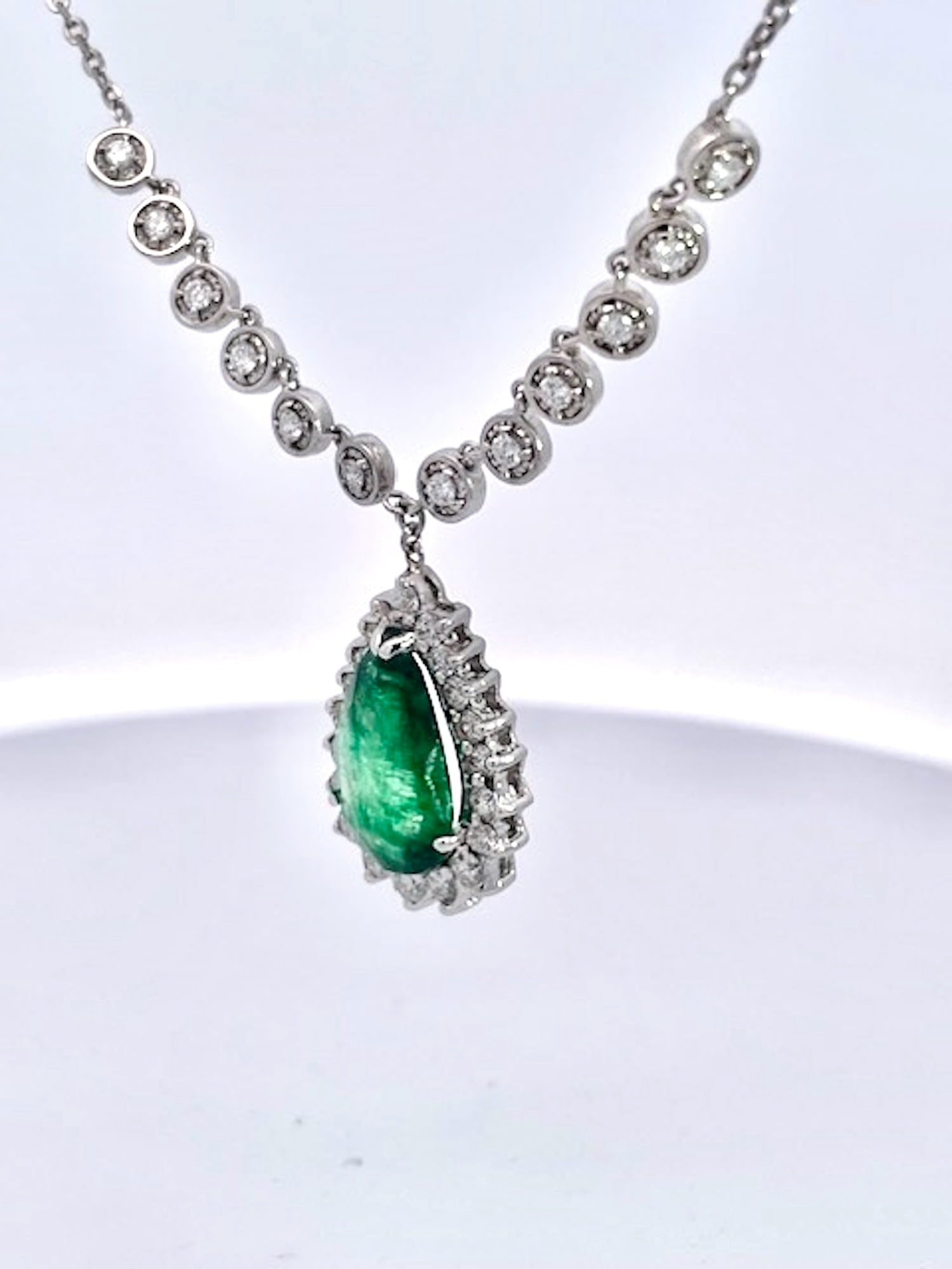 Pear-Shaped Cabochon Emerald & Diamond Halo Pendant Necklace in White Gold - 9
