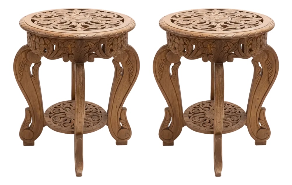 Victorian Style Fretwork Carved 18" Round Solid Wood End Tables - Set of 2: Dimensions: 18" W X 18" D X 24" H Add elegance and artistic charm to your space with this beautifully handcrafted Victorian-style carved end table. Made from solid wood, this unique accent table