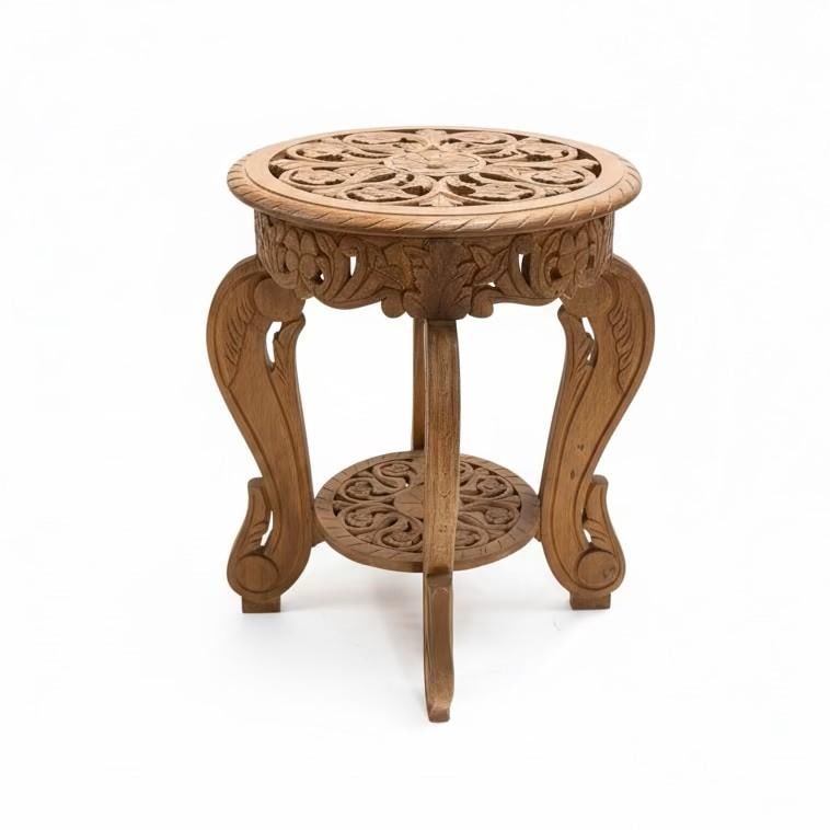 Victorian Style Fretwork Carved 18" Round Solid Wood End Tables - Set of 2 - 2