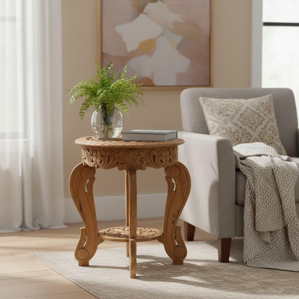 Victorian Style Fretwork Carved 18" Round Solid Wood End Tables - Set of 2 - 3