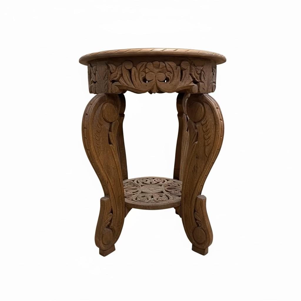 Victorian Style Fretwork Carved 18" Round Solid Wood End Tables - Set of 2 - 4
