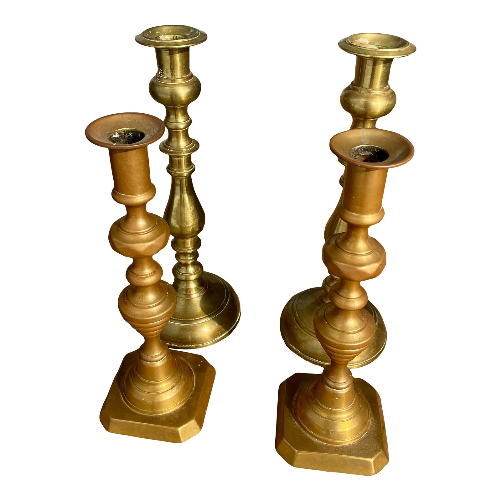 Two Pr Brass Bell Metal 19th C Georgian Candlesticks Holders 10 3/4" Beehive 12": The next best thing to having a pair of candles in wonderful traditional brass candle holders on your dinning table, sideboard, buffet or any place is having two pair. These two pair are wonderfully n