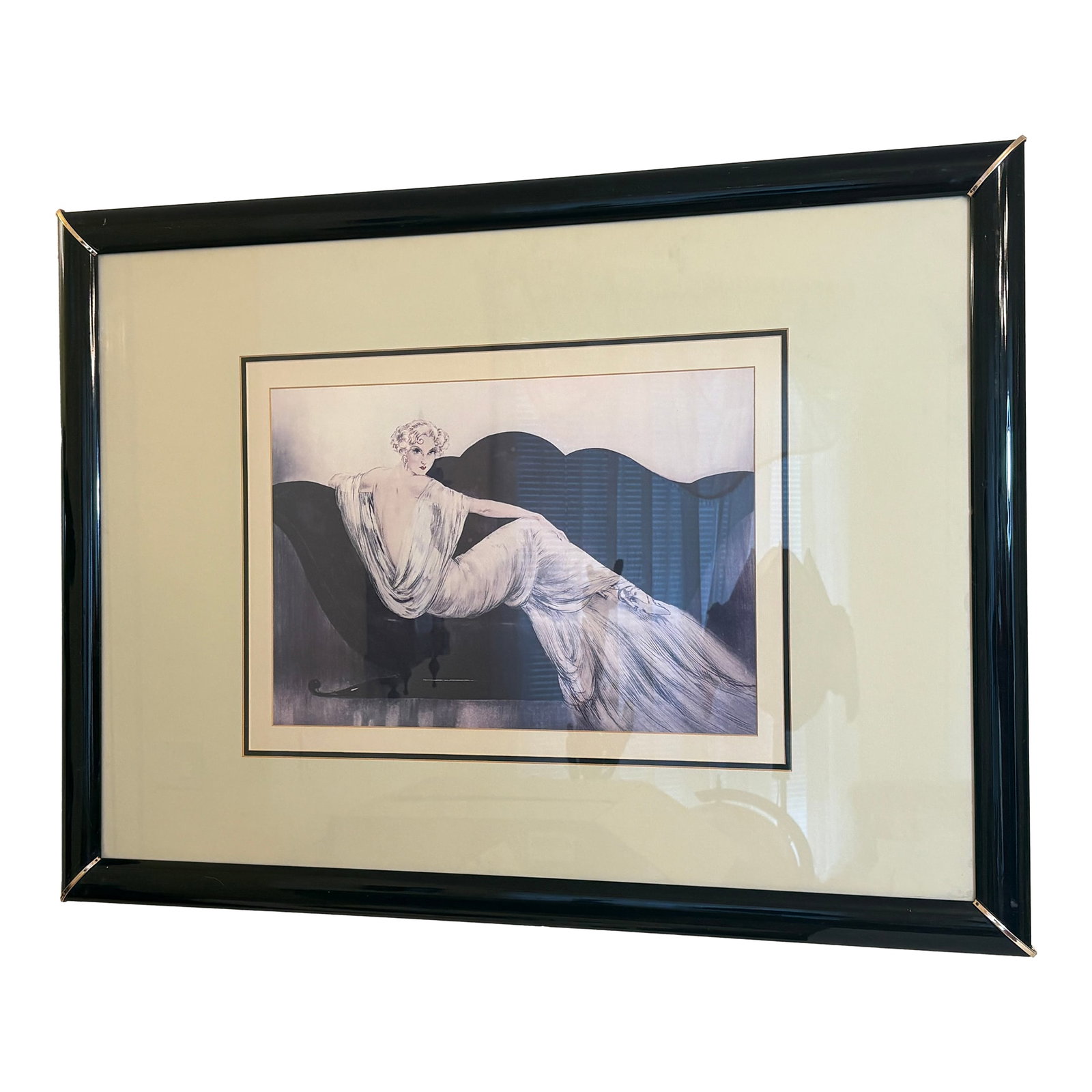 1970s Louis Icart Art Deco Framed Lithogragh Reproduction Entitled "Le Sofa": This is a framed lithograh french art deco reproduction titled 'le sofa' by artist Lous Icart. The original was produced in 1937 featuring an aquitance capturing the sensuous female figure. This