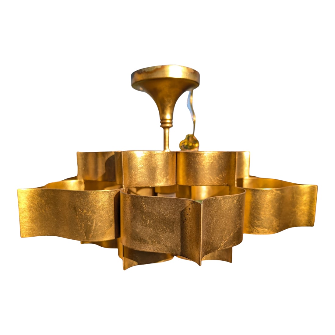 Grand Lotus 1 Light 20.25 Inch Antique Gold Leaf Chandelier Ceiling Light by Currey & Company: Undulations of luxurious silvery-hued metal treated to an antique gold leaf finish form the flowering silhouette of the Grand Lotus Pendant Semi-Flush Mount. This is one of a number of designs in this