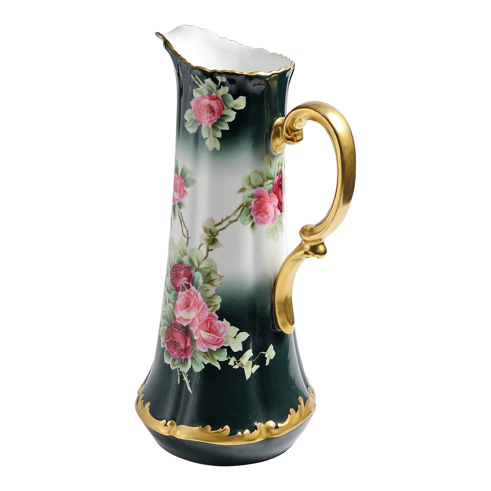 15" Limoges Porcelain Tankard Rare: Antique 15" Limoges Porcelain Tankard RARE Signed French Limoges Porcelain Hand Painted Pitcher . Produced by T & V - Tressemanes & Vogt for Retailer, Pitkins and Brooks, Chicago. The piece