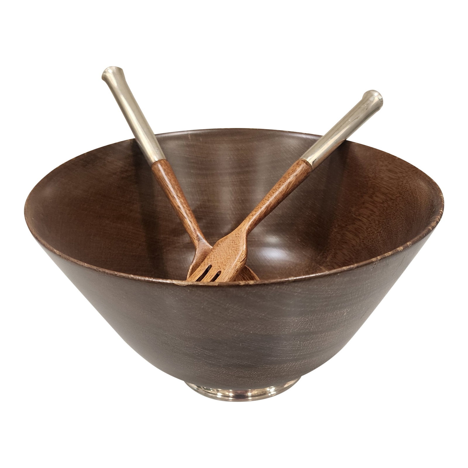 1970s Newport Mid Century Modern Wood and Sterling Silver Salad Bowl and Utensils Made in France: Beautiful wood bowl with Sterling Silver base and spoon and fork serving set. Wood is stamped France Condition: Alterations: Original Condition Unaltered Imperfections: Some Imperfections Condition