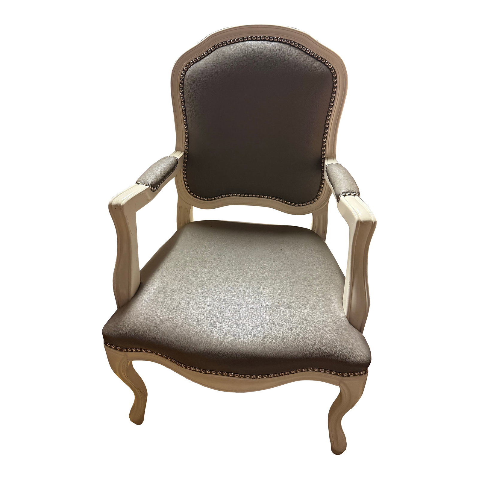 Cb2 Gray Leather and White Wood Louis IV Armchair Pair: Charming Leather Louis IV style but American made gray vinyl and white painted wood pair of armchairs originally from Crate and Barrel. The chair in the image is a "CB2 Stick Around" style armchair