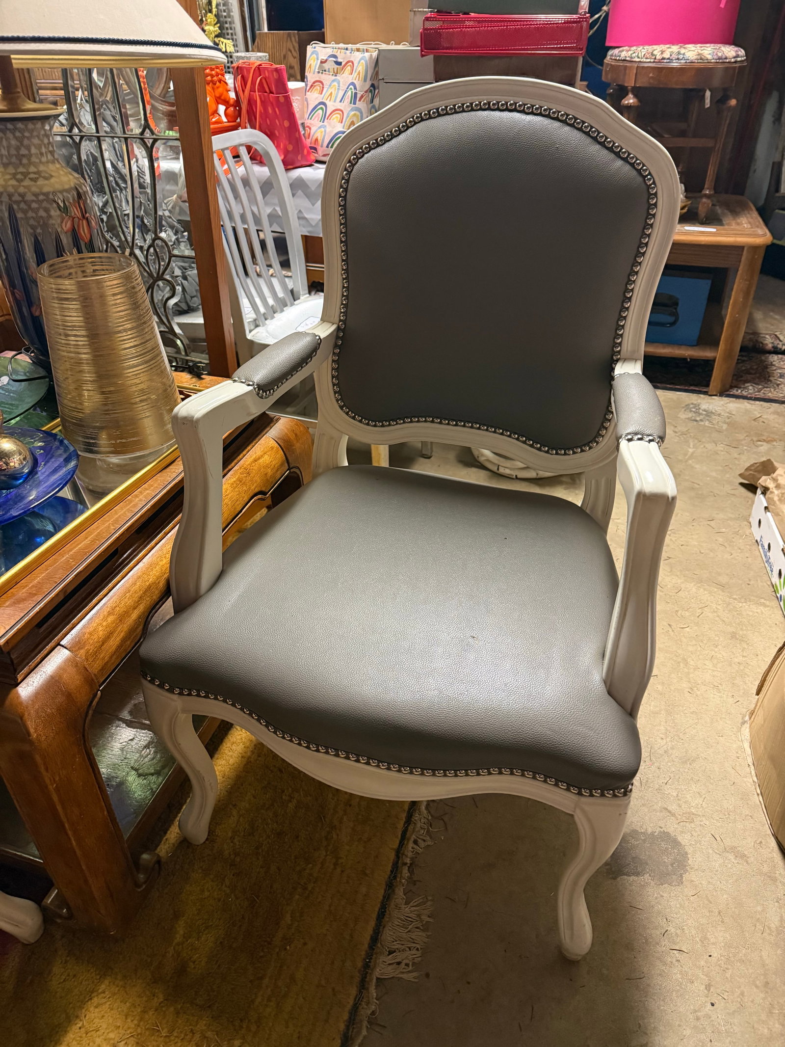 Cb2 Gray Leather and White Wood Louis IV Armchair Pair - 5