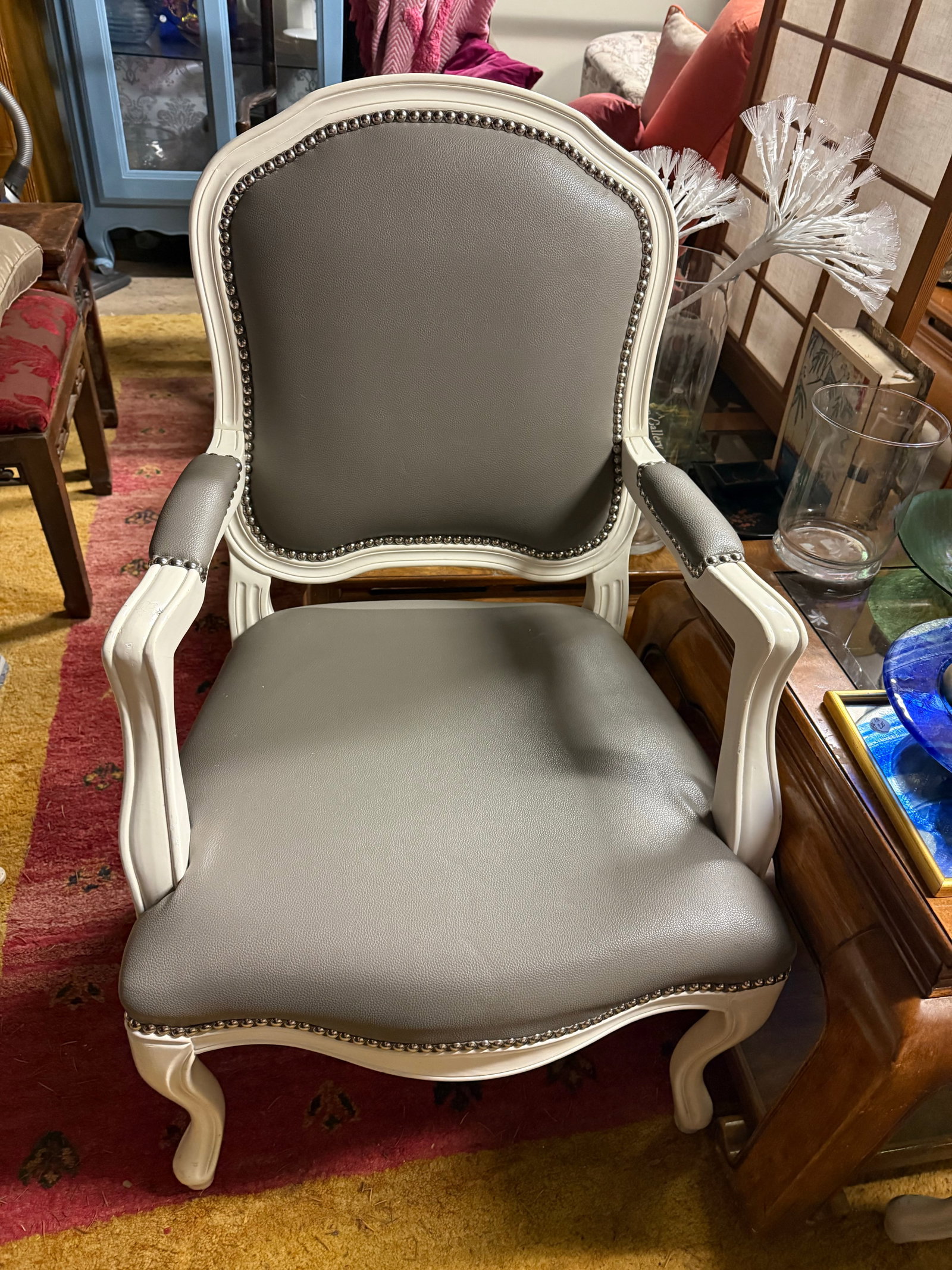 Cb2 Gray Leather and White Wood Louis IV Armchair Pair - 6
