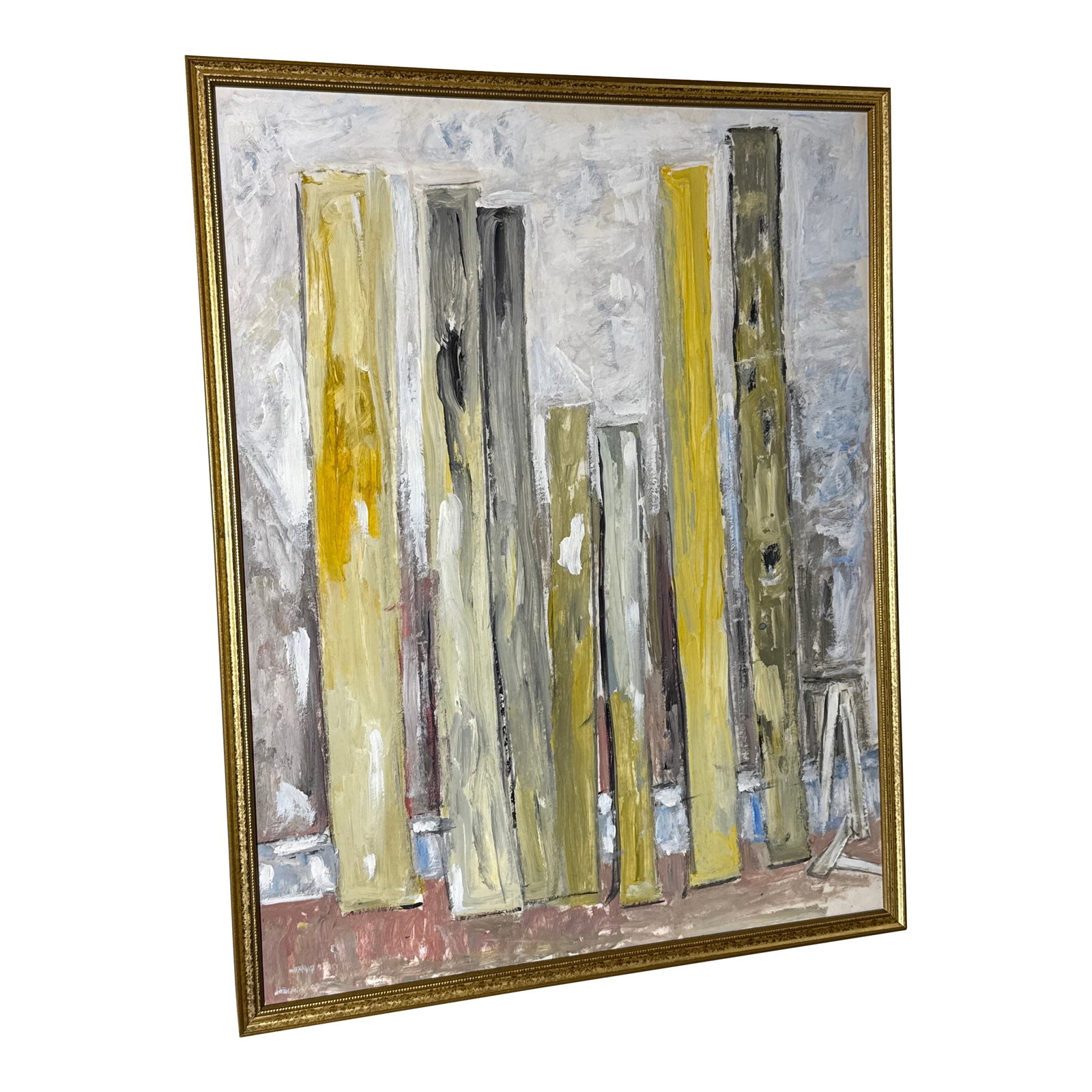 Vintage Abstract Large Original Abstract Textured Painting: Striking original abstract painting featuring vertical forms in a modern, textured composition. The piece uses a sophisticated palette of gold, gray, cream, and muted earth tones, creating a