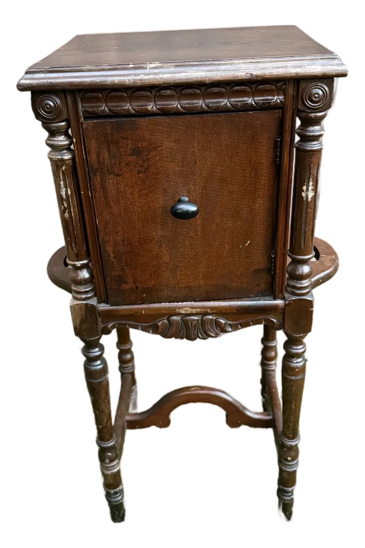 Antique Smoking Stand With Copper Lined Humidor: Nice walnut antique smoking stand with copper lined humidor cabinet, would work well as a side table for decor. 16ÊºW × 13.5ÊºD × 30ÊºH Condition: Alterations: 