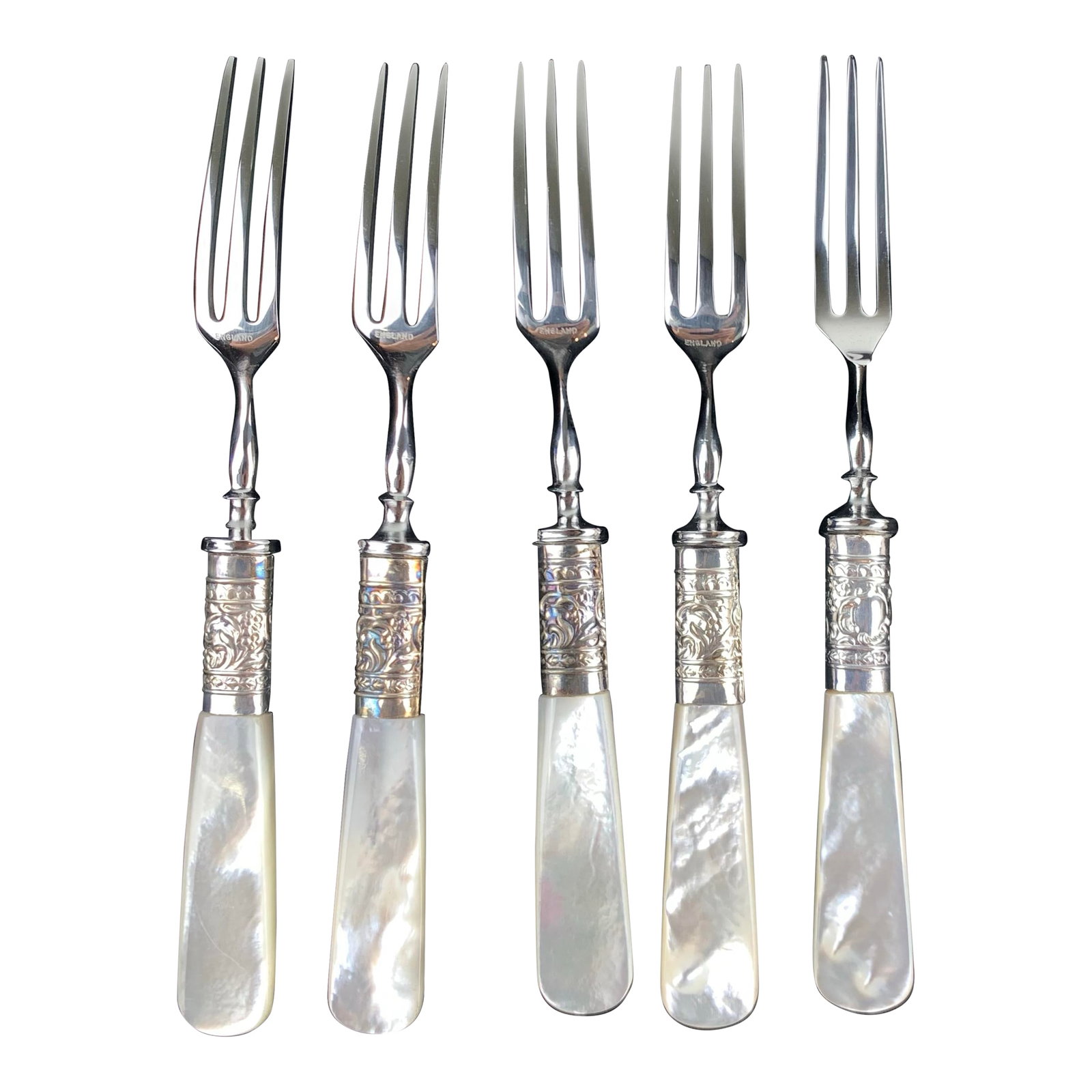 Vintage Silverplate & Mother of Pearl Cocktail Forks - Set of 5: Vintage Silverplate & Mother of Pearl Cocktail forks, set of 5 in felt lined box made in England. From the estate of Bob and Dolores Hope, Toluca Lake, California. Condition: Alterations: Original