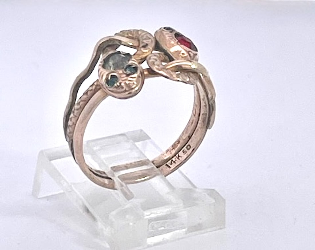Antique Victorian 14k Yellow Gold Double Snake Ring With Gemstones, Size 6.5 - 10
