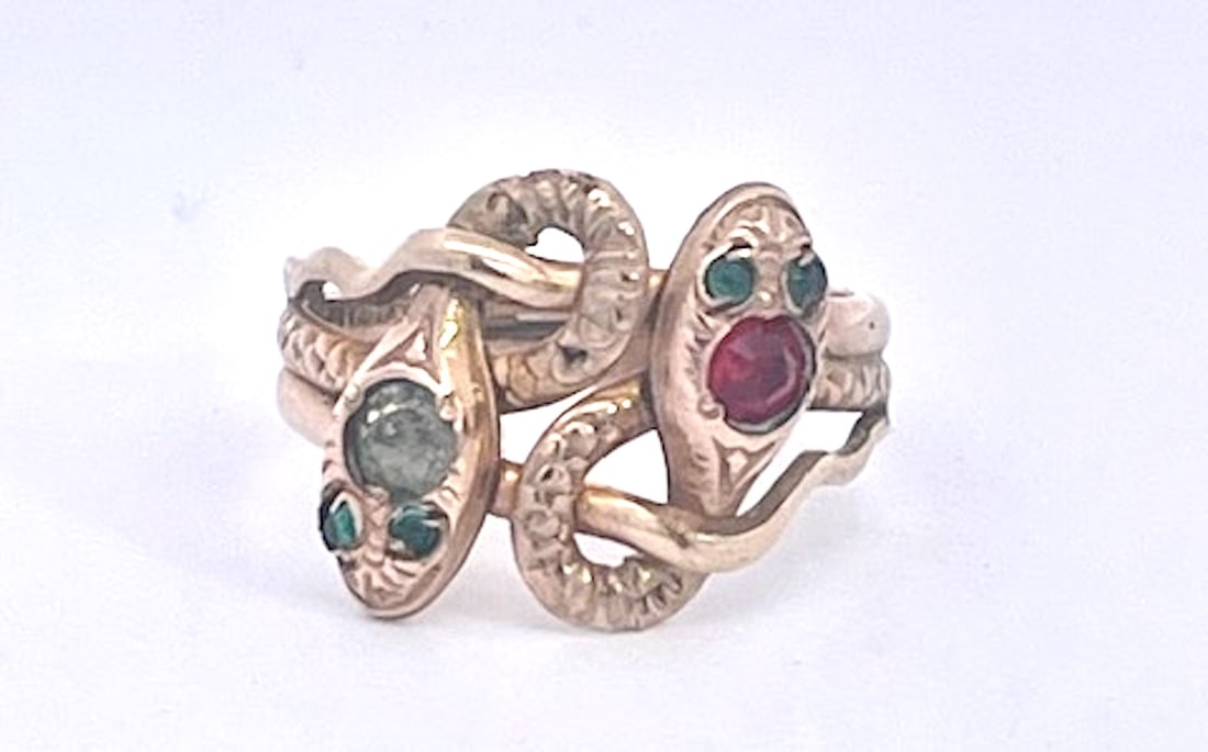Antique Victorian 14k Yellow Gold Double Snake Ring With Gemstones, Size 6.5 - 3
