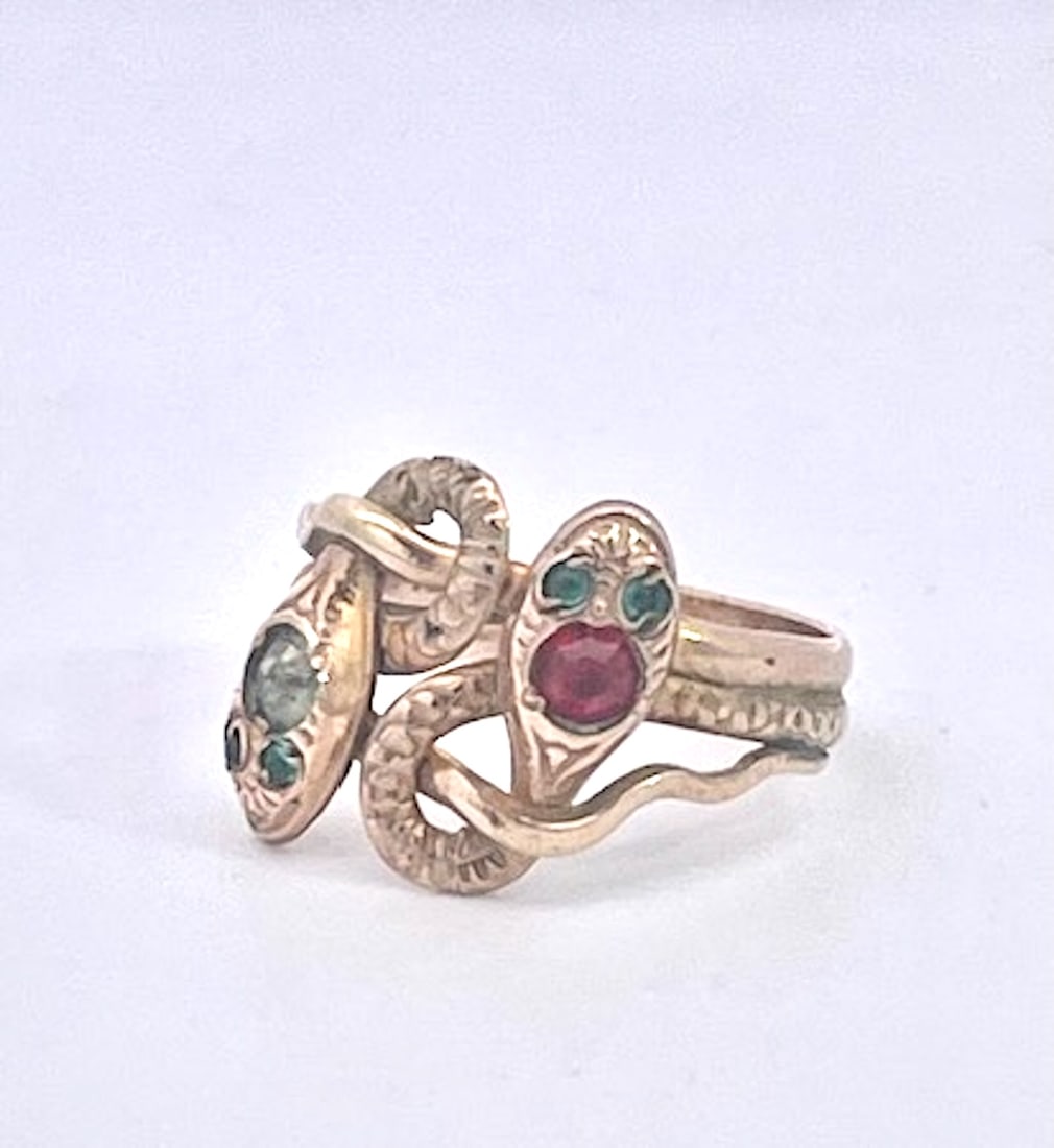 Antique Victorian 14k Yellow Gold Double Snake Ring With Gemstones, Size 6.5 - 4