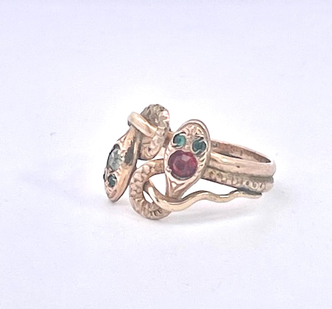 Antique Victorian 14k Yellow Gold Double Snake Ring With Gemstones, Size 6.5 - 5