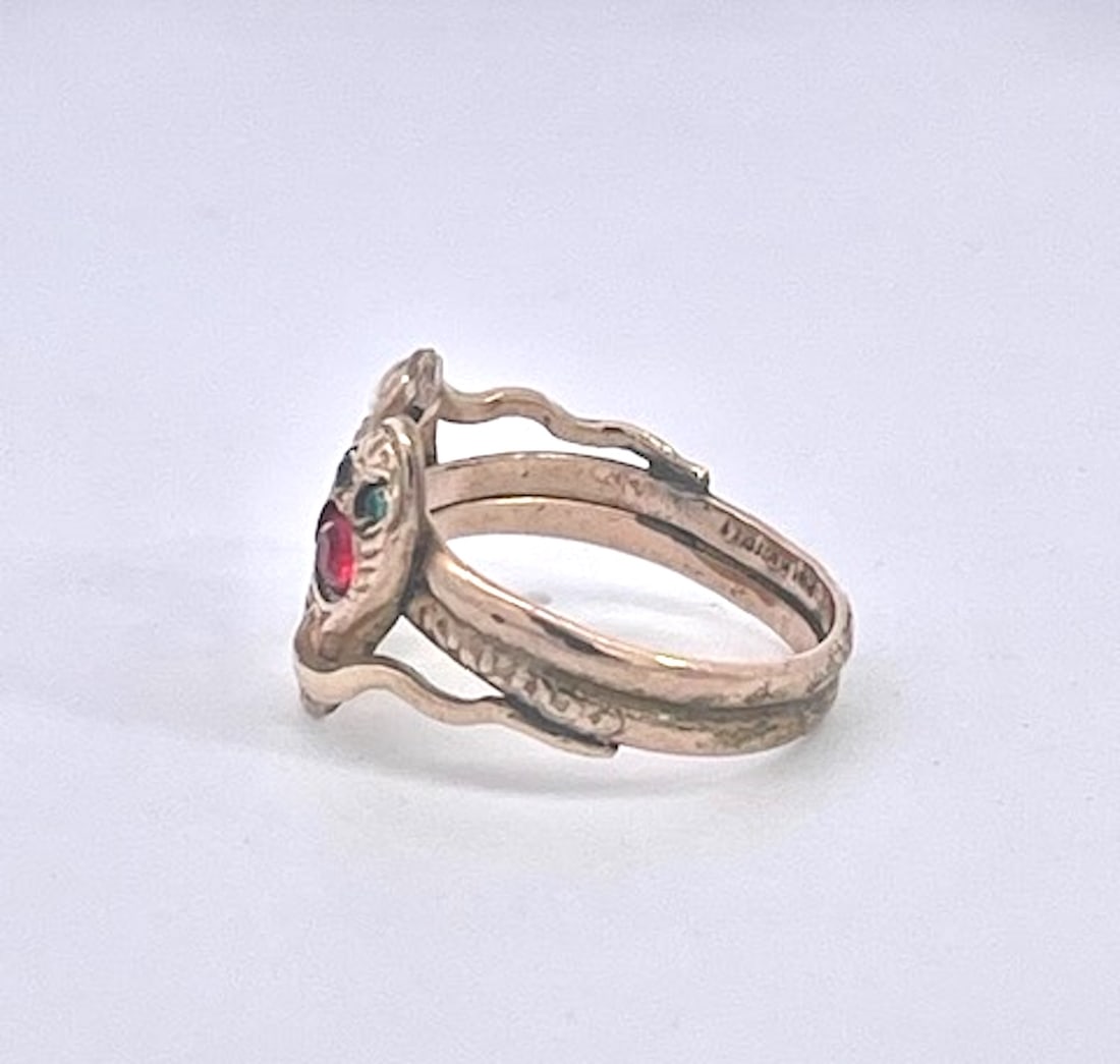 Antique Victorian 14k Yellow Gold Double Snake Ring With Gemstones, Size 6.5 - 8