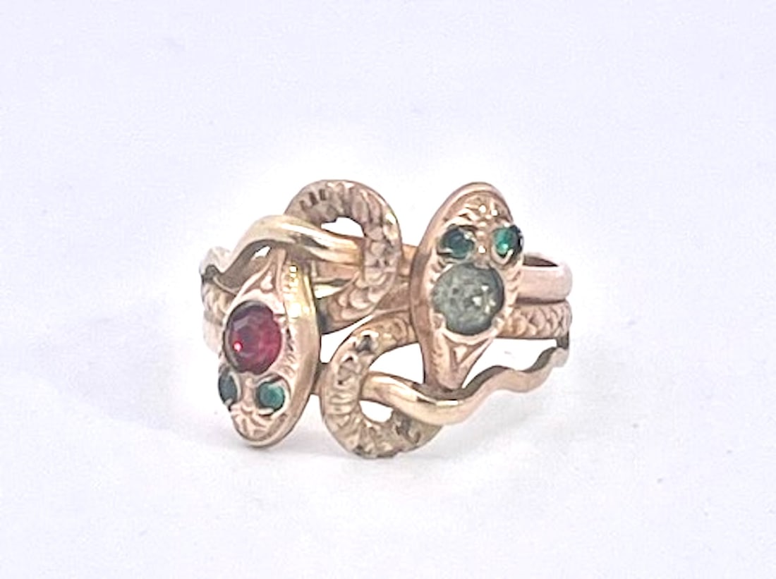 Antique Victorian 14k Yellow Gold Double Snake Ring With Gemstones, Size 6.5 - 9